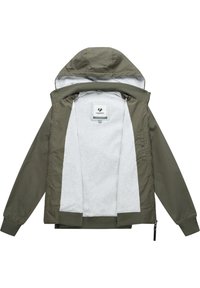 Veste à capuche vert olive avec doublure gris clair, poignets et ourlet côtelés, devant partiellement zippé et étiquette de marque "ragwear" à l'intérieur du col.