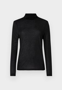 Black long-sleeve turtleneck top made from a smooth, lightweight fabric. Features a fitted design with a high neckline and no patterns.