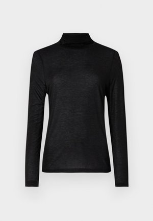Zwarte lange mouwen turtleneck gemaakt van een gladde, lichte stof. Kenmerkt zich door een getailleerd ontwerp met een hoge hals en zonder patronen.