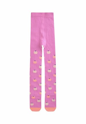 Rosa Kinderstrumpfhosen mit kleinen pfirsichfarbenen Apfelmustern und pfirsichfarbenen Zehen, flach auf weißem Hintergrund gelegt.