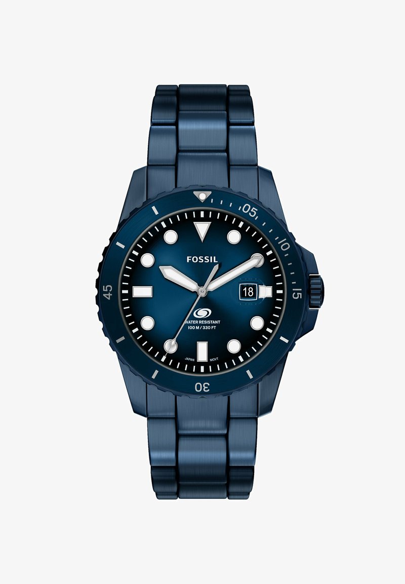 Reloj de pulsera Fossil de acero inoxidable azul con esfera redonda, marcadores de hora blancos, visualización de fecha y bisel giratorio, resistente al agua hasta 100 m.