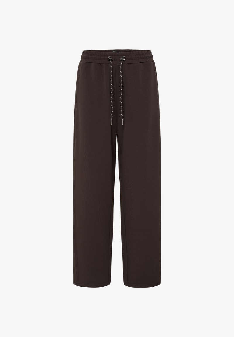 Pantalon de jogging marron foncé à coupe large avec taille élastique et cordon noir et blanc, présenté sur fond blanc.