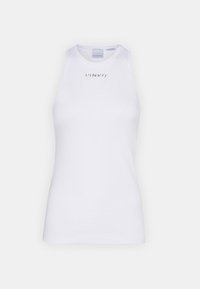 Top in cotone bianco senza maniche con scollatura rotonda, dotato di un logo dorato "PINKO" sul petto. Texture liscia con una leggera elasticità.