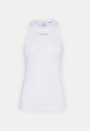 Hvit ermeløs bomullstop med rund hals, med en gull "PINKO"-logo på brystet. Glatt tekstur med lett stretch.