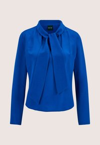 Blaues Langarmbluse aus glattem Stoff, mit einem gebundenen Kragen und einer lockeren Passform. Einfaches Design ohne Muster oder Akzente.