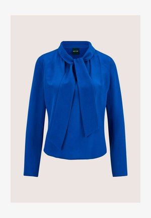 Blaues Langarmbluse aus glattem Stoff, mit einem gebundenen Kragen und einer lockeren Passform. Einfaches Design ohne Muster oder Akzente.