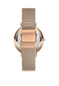 Roségoldene Armbanduhr mit einem Mesh-Armband, rundem Gehäuse und polierter Oberfläche. Verfügt über ein rundes Zifferblatt mit minimalistischen Indikatoren und einem sicheren Verschluss.