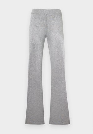 Pantalon argenté paillettes à jambe droite avec une taille mi-haute, sans poches visibles ni ornements.