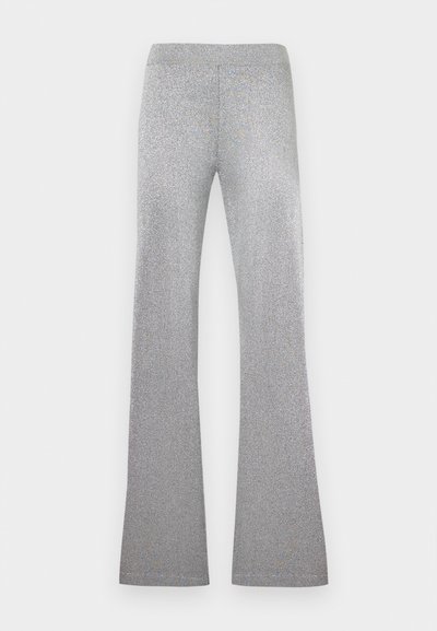 Pantalon argenté paillettes à jambe droite avec une taille mi-haute, sans poches visibles ni ornements.