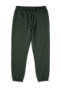 Donkergroene sweatpants van zacht materiaal, met een elastische tailleband en boorden, en een enkele achterzak.
