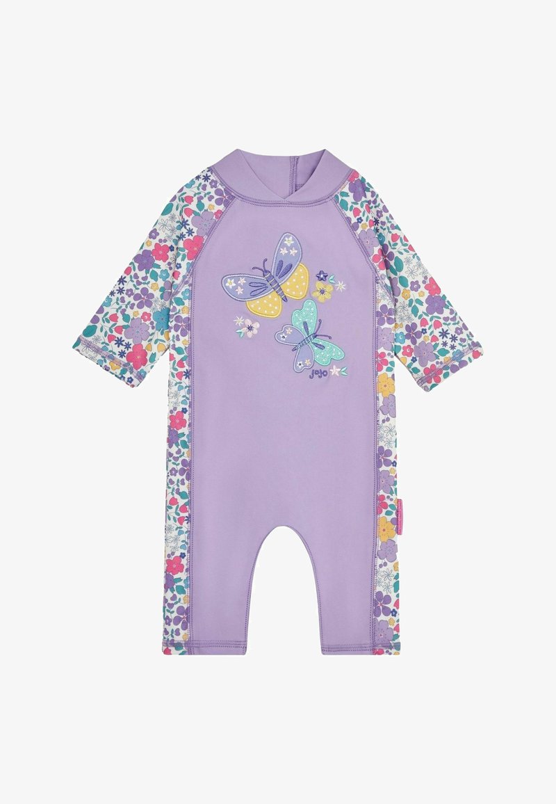 Lila Badeanzug mit langen Ärmeln, verziert mit Schmetterlingsstickerei. Blütenmusterbesatz in verschiedenen Farben entlang der Seiten. Weiches, dehnbares Material.