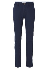 Námořnické modré, slim-fit kalhoty vyrobené z bavlny s knoflíkovým zapínáním a poutky na opasek; hladká textura a žádné viditelné vzory či akcenty.
