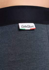 Dark gray boxer shorts featuring a wide black elastic waistband. A tag with "Carlo Colucci" and Italian flag colors is visible.