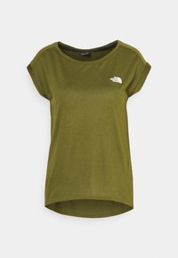 Olivgrön kortärmad t-shirt med rundad halsringning och vändkantade ärmar. Har en liten vit logotyp på vänster bröst. Mjuk textur.