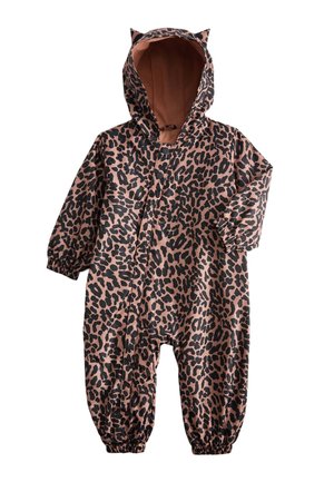 Babyheldragt med leopardprint og hætte, elastiske manchetter og trykknapper foran for nem påklædning.