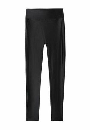 Svarta leggings med en slät, glänsande yta, med hög midja och hel längd, utan synliga mönster eller detaljer.