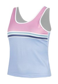 Canotta atletica senza maniche con sezione superiore rosa, sezione inferiore azzurro chiaro e strisce orizzontali bianche, blu navy e verde acqua sul petto.