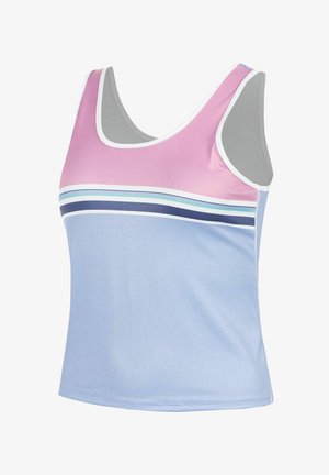 Camiseta atlética sin mangas con la parte superior en rosa, la parte inferior en azul claro y rayas horizontales en blanco, navy y verde azulado a lo largo del pecho.