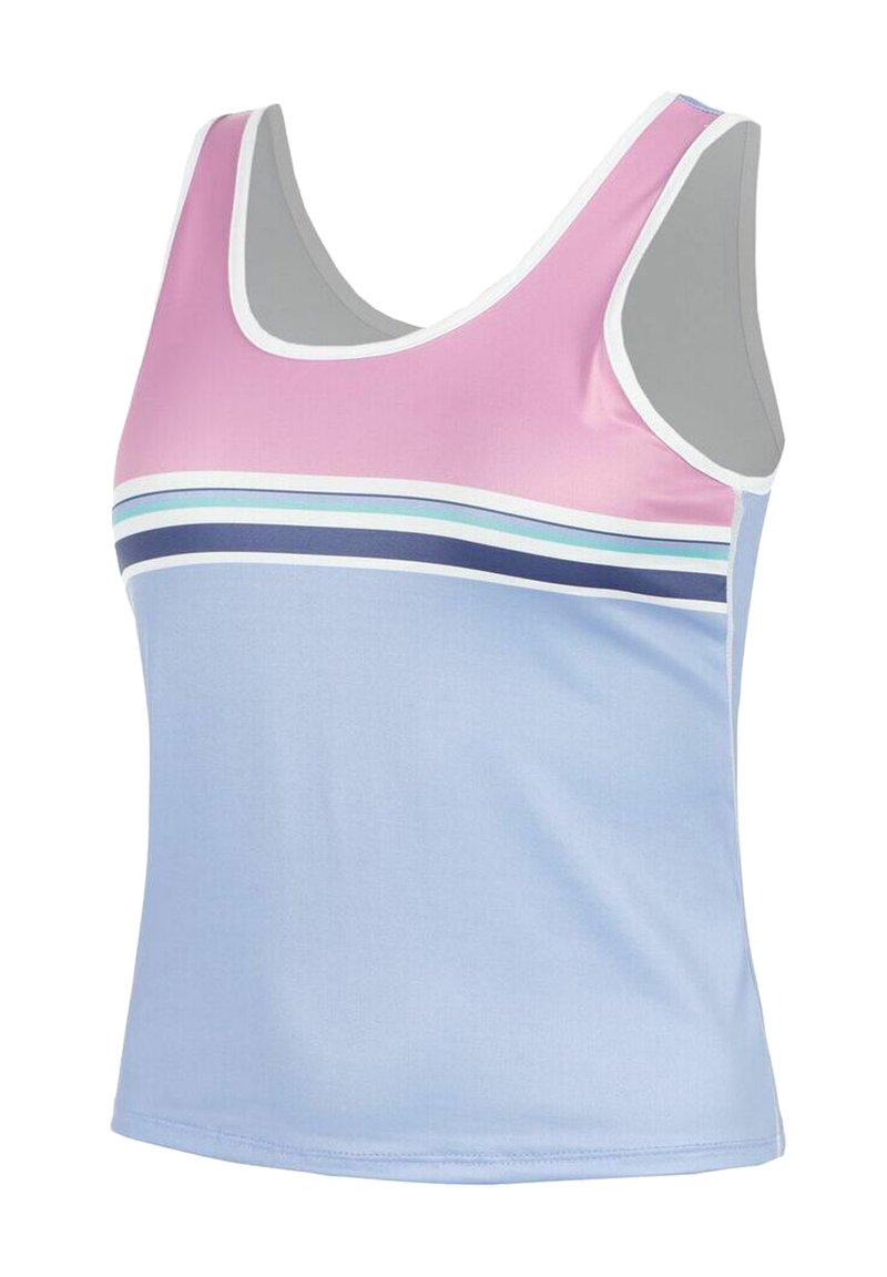 Canotta atletica senza maniche con sezione superiore rosa, sezione inferiore azzurro chiaro e strisce orizzontali bianche, blu navy e verde acqua sul petto.