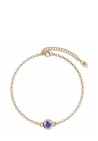 Bracciale a catena dorato con un centro in pietra preziosa viola rotonda, dotato di chiusura a molla e lunghezza regolabile.