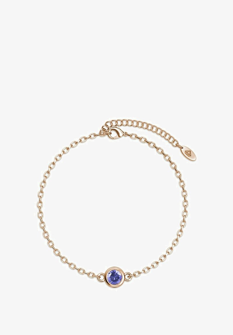 Bracciale a catena dorato con un centro in pietra preziosa viola rotonda, dotato di chiusura a molla e lunghezza regolabile.