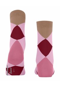 Skarpetki do kolan z geometrycznym wzorem w romby w jasnoróżowym, ciemnoczerwonym i beżowym kolorze. Wykonane z gładkiego, elastycznego materiału.