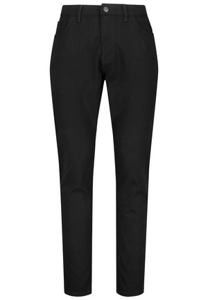 Zwarte broek, gemaakt van een katoenmix, heeft een rechte pasvorm, riemlusjes, een knoopsluiting aan de voorkant en twee zijzakken.