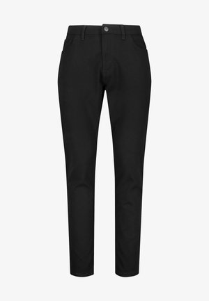 Pantalons noirs, fabriqués en tissu mélangé de coton, présentent une coupe droite, des passants de ceinture, une fermeture à bouton à l'avant et deux poches latérales.
