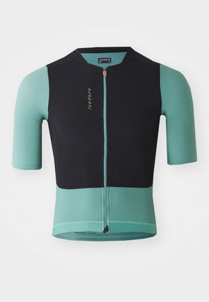 Maillot de cyclisme à manches courtes en mailles bleu marine et vert d'eau clair. Dispose d'une fermeture éclair à l'avant et d'un marquage subtil. Design texturé avec des panneaux respirants.
