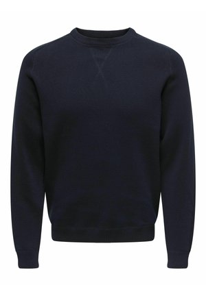 Maglione lavorato a maglia blu navy con maniche lunghe, scollo rotondo, tessuto testurizzato e polsini e orlo a costine. Vestibilità classica con dettagli sottili.