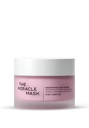 Lyserød krukke af The Miracle Mask opstrammende glow-up maske med hvidt låg, indeholdende skumfidusekstrakt og syrer, 75 ml beholder.
