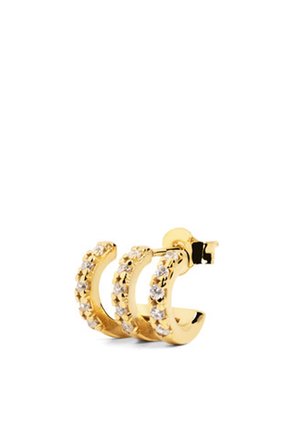 Paire de petites boucles d’oreilles créoles en or avec pierres précieuses claires incrustées, conçues pour oreilles percées avec tige et fermoir papillon.