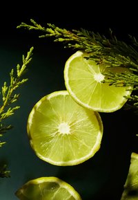 Rodajas de lima en un vibrante amarillo-verde con jugo visible y corteza texturizada, acompañadas de ramitas verdes sobre un fondo oscuro.