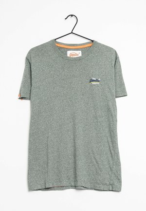 Gray short-sleeve T-shirt made of textured fabric, featuring an embroidered logo in blue and yellow on the left chest and an orange collar accent.