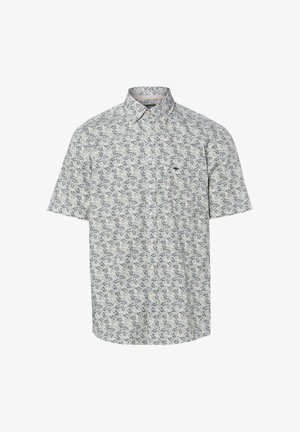 Koszula z krótkim rękawem na guziki, jasnym tłem i małym ciemnym wzorem liści, z ostrym kołnierzykiem i guzikami z przodu.