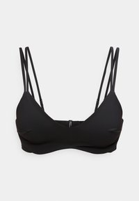 Μαύρο επενδεδυμένο σουτιέν με διπλούς λεπτούς ρυθμιζόμενους ιμάντες στους ώμους και κούμπωμα στη πλάτη, εμφανίζεται σε απλό φωτεινό φόντο.