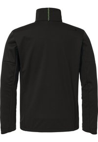 Black softshell jacket featuring a high collar, flat seams, and a distinctive green stitch detail at the back neck. Lightweight and versatile.