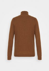 Brązowy sweter z długim rękawem i wysokim kołnierzem, wykonany z miękkiego materiału. Charakteryzuje się gładką teksturą i prostym, eleganckim wzorem.