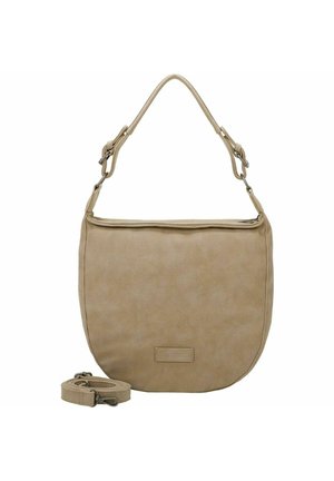 Sac à bandoulière en tissu beige avec une forme incurvée, une sangle réglable et une surface texturée. Une petite étiquette de marque est visible sur le devant.