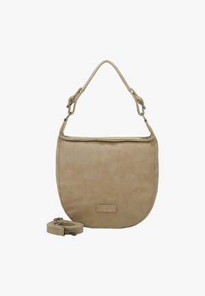 Bolso de hombro de tela beige con forma curvada, correa adjustable y superficie texturizada. Se puede ver una pequeña etiqueta de marca en la parte frontal.