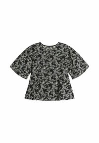 Svart topp med korta ärmar och blommönster i vitt och grönt, med rund halsringning och ledig passform, tillverkad av lätt tyg.
