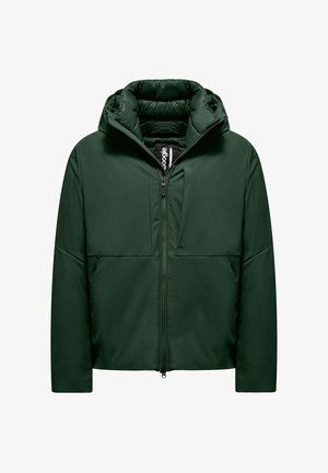 Donkergroene pufferjack met een ritssluiting aan de voorkant, capuchon en elastische manchetten. Voorzien van een gewatteerde binnenkant en platte zijzakken. Glad, waterafstotend materiaal.