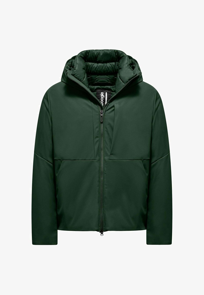 Dark green puffer jacket with a zip front, hood, and elastic cuffs. Features quilted interior and flat side pockets. Smooth, water-resistant fabric.