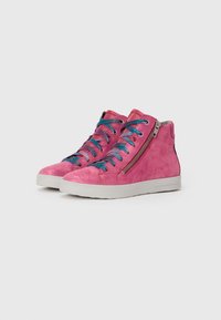 High-top sneakers in vibrant pink suede with blue laces and metallic zipper detail. White rubber sole and textured finish on the upper.