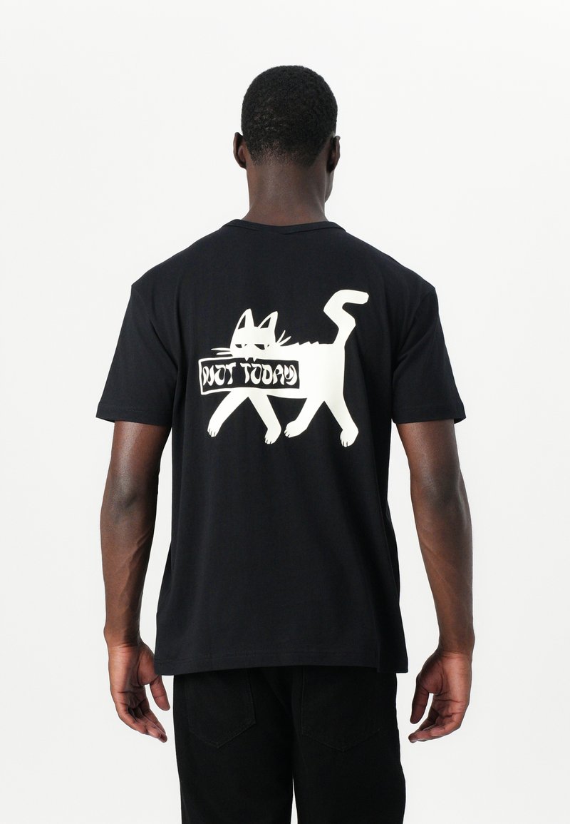 Black cotton t-shirt featuring a white graphic of a walking cat and the text "NOT TODAY" on the back. Short sleeves and relaxed fit.