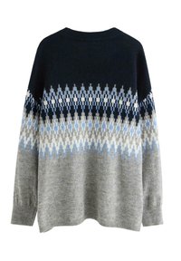 Maglione lavorato a maglia con parte superiore blu navy, parte inferiore grigia e un motivo geometrico blu, bianco e nero su petto e maniche.