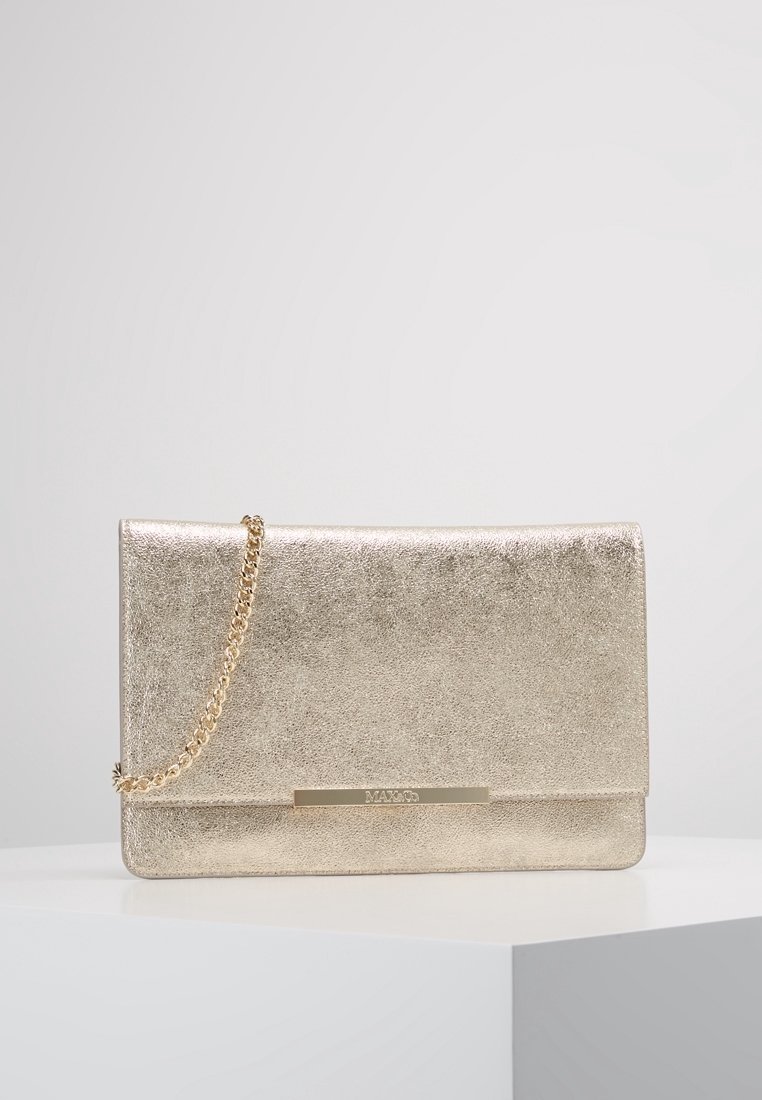 Gold metallic clutch bag with a textured surface, silver chain strap, and a metallic logo accent on the front. Rectangular shape.