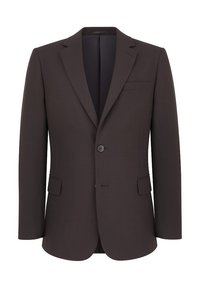 Brązowa, dopasowana marynarka z pojedynczym zapięciem na guzik, z wyciętymi klapami i dwoma przednimi kieszeniami. Teksturalny materiał z wyraźną sylwetką.