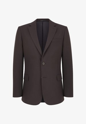 Brązowa, dopasowana marynarka z pojedynczym zapięciem na guzik, z wyciętymi klapami i dwoma przednimi kieszeniami. Teksturalny materiał z wyraźną sylwetką.