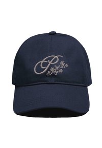 Navy blue baseball cap made of fabric, featuring a beige embroidered "P" and floral design. Includes a curving bill and adjustable back.